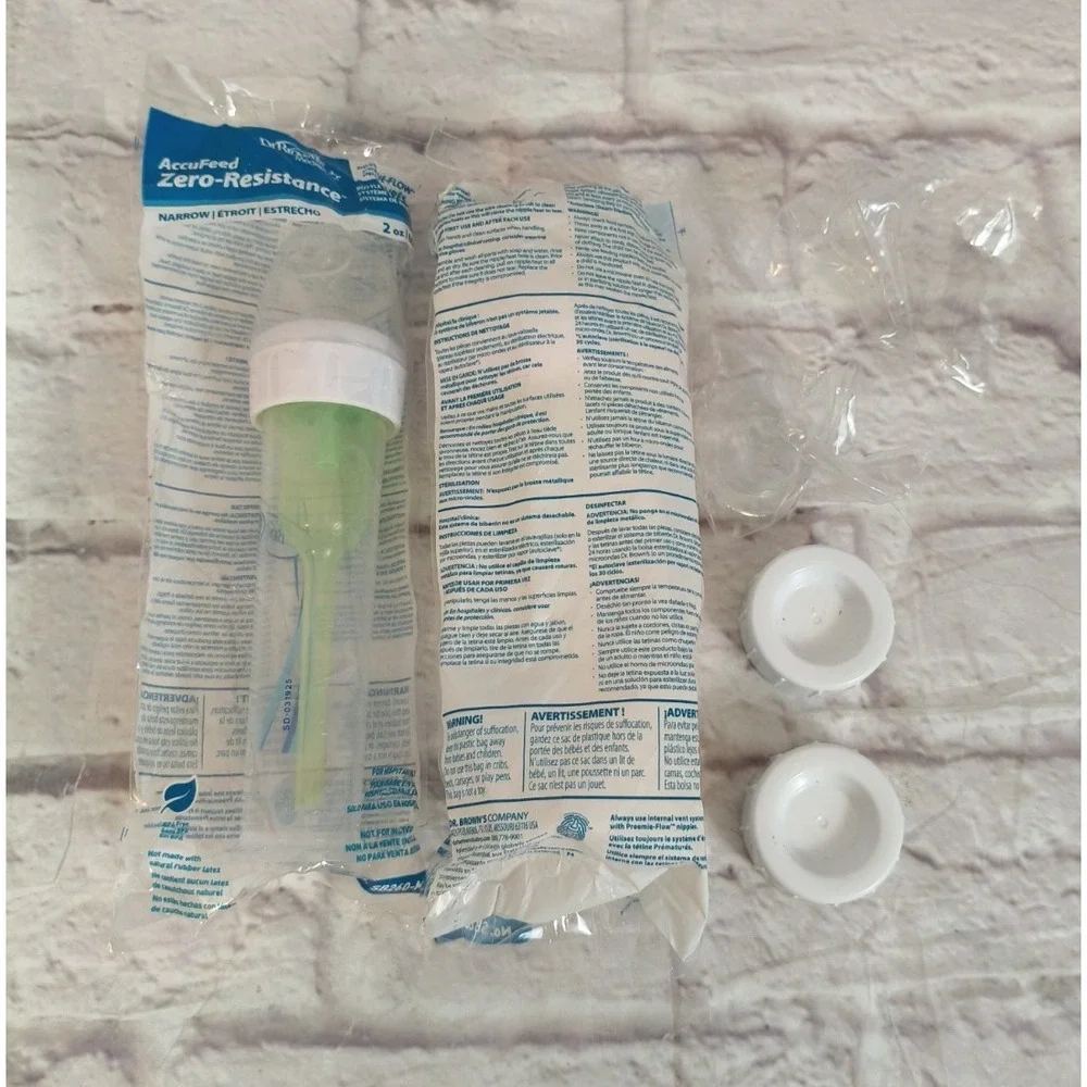 TWO Dr. Brown's Accufeed Anti-Colic Narrow Baby Bottle 2oz Preemie‎ Flow